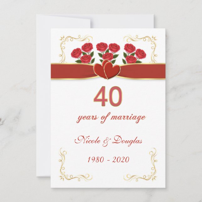 Red roses, hearts 40th Wedding Anniversary Invitation (Front)