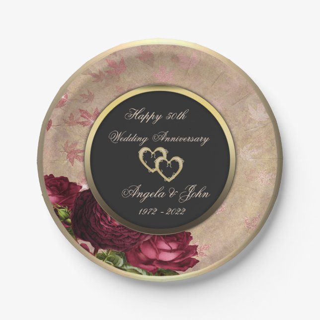 Red Roses Hearts 50th Wedding Anniversar  Paper Plate (Front)