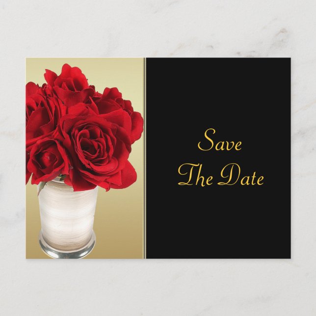 Red Roses & Hearts, Gold & Black Wedding Announcement Postcard (Front)