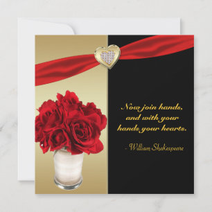 Red Roses & Hearts, Gold & Black Wedding Invitation