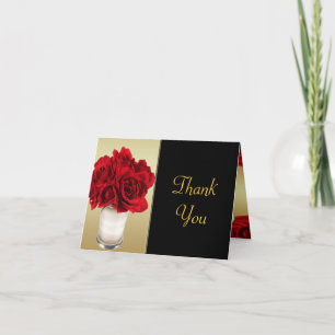 Red Roses & Hearts, Gold & Black Wedding Thank You Card