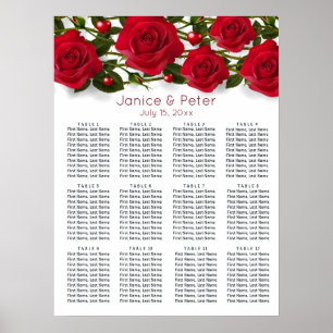 Red roses, hearts Wedding 12 Tables Seating Chart