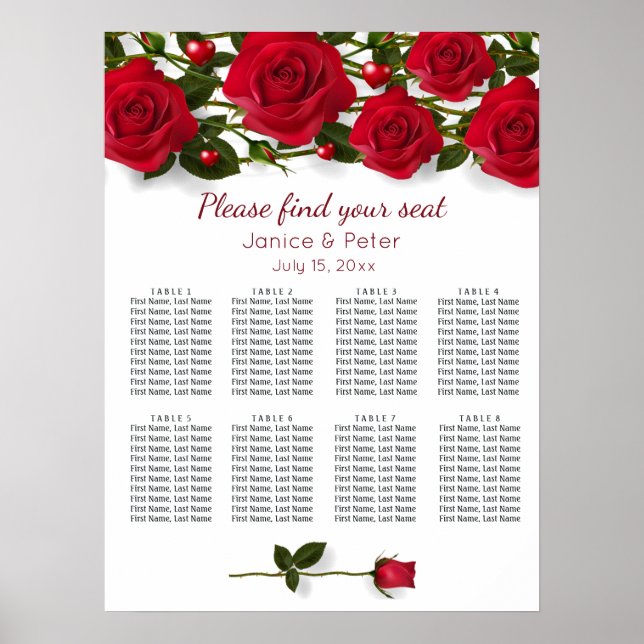 Red roses, hearts Wedding 8 Tables Seating Chart (Front)