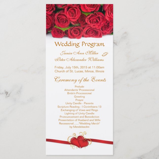 Red roses & hearts Wedding program Rack card (Front)