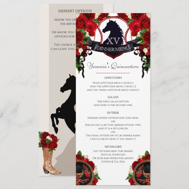 Red Roses Horse Crest Elegant Charro Quince Party  Menu (Front/Back)
