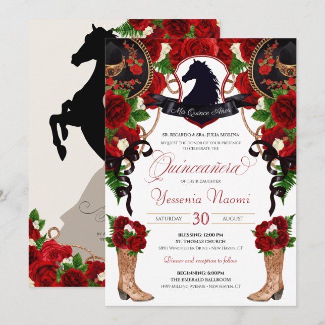 Red Roses Horse Crest Elegant Charro Quinceanera Invitation (Front/Back)