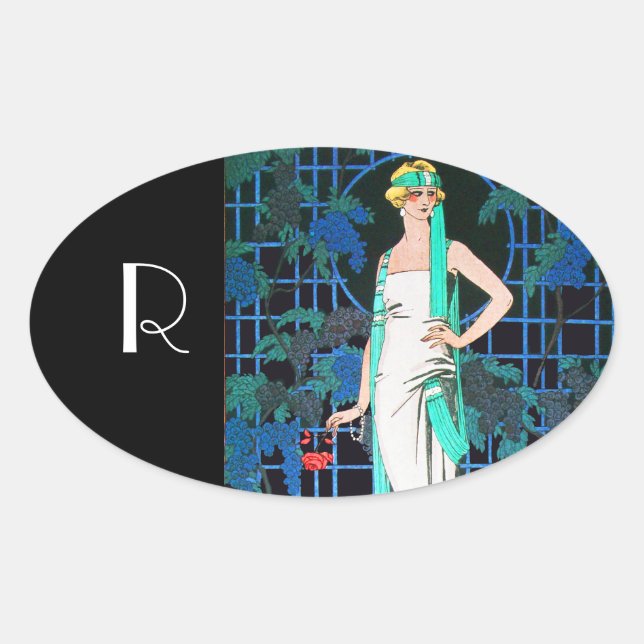 RED ROSES IN THE NIGHT,ART BEAUTY FASHION MONOGRAM OVAL STICKER (Front)