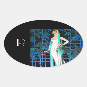 RED ROSES IN THE NIGHT,ART BEAUTY FASHION MONOGRAM OVAL STICKER