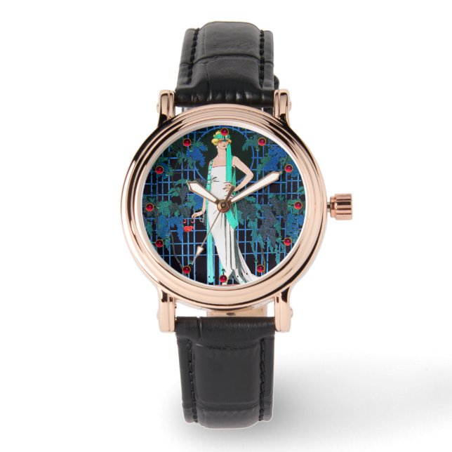 RED ROSES IN THE NIGHT,ART DECO BEAUTY FASHION WATCH (Front)