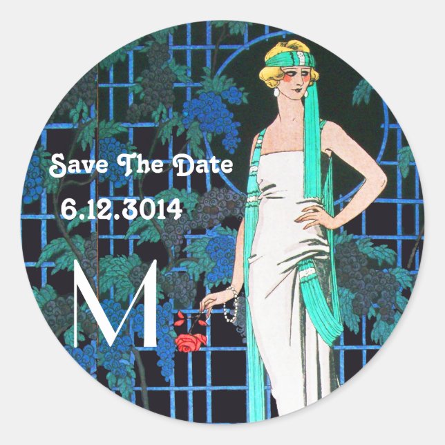 RED ROSES IN THE NIGHT Save the Date Monogram Classic Round Sticker (Front)