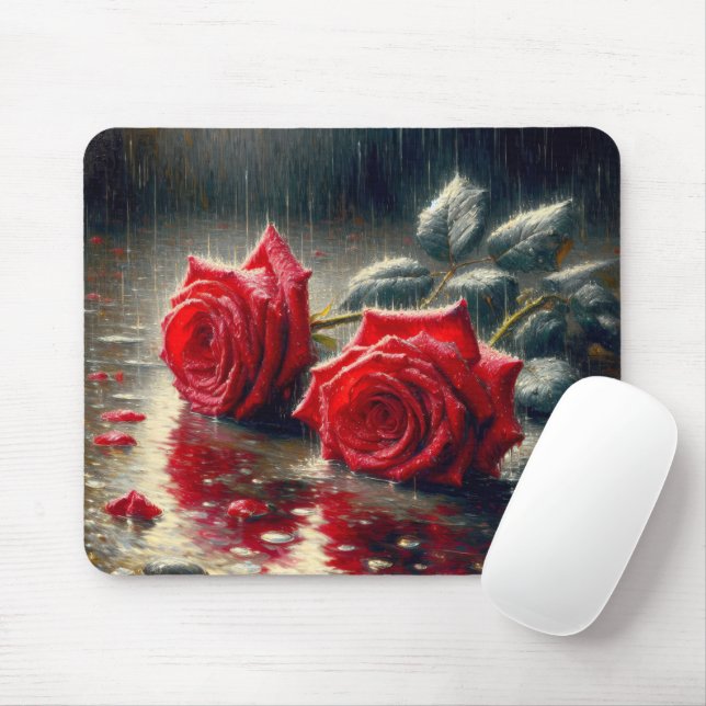 Red Roses In The Rain Mouse Mat (With Mouse)