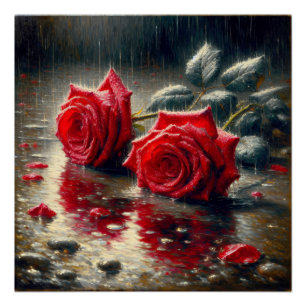 Red Roses In The Rain Poster