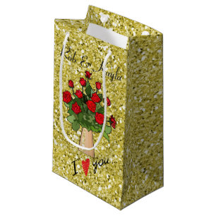 Red Roses in Vase Gold Faux Glitter Small Gift Bag