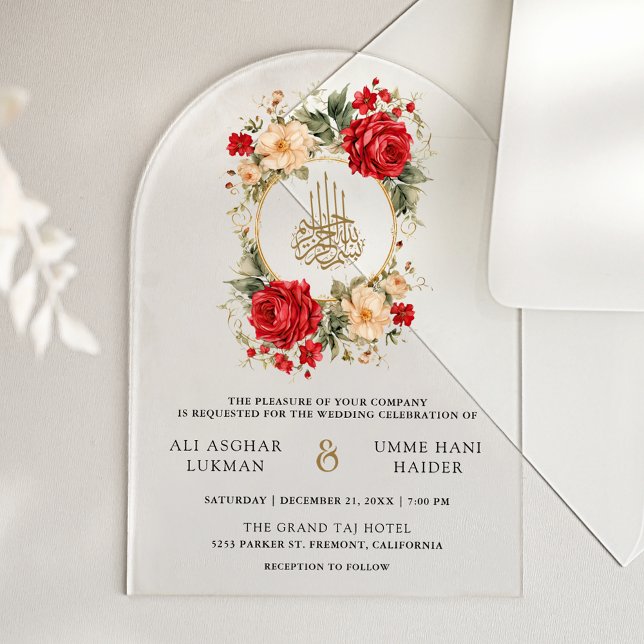 Red Roses Ivory Flowers Gold Muslim Wedding Acrylic Invitations (Creator Uploaded)