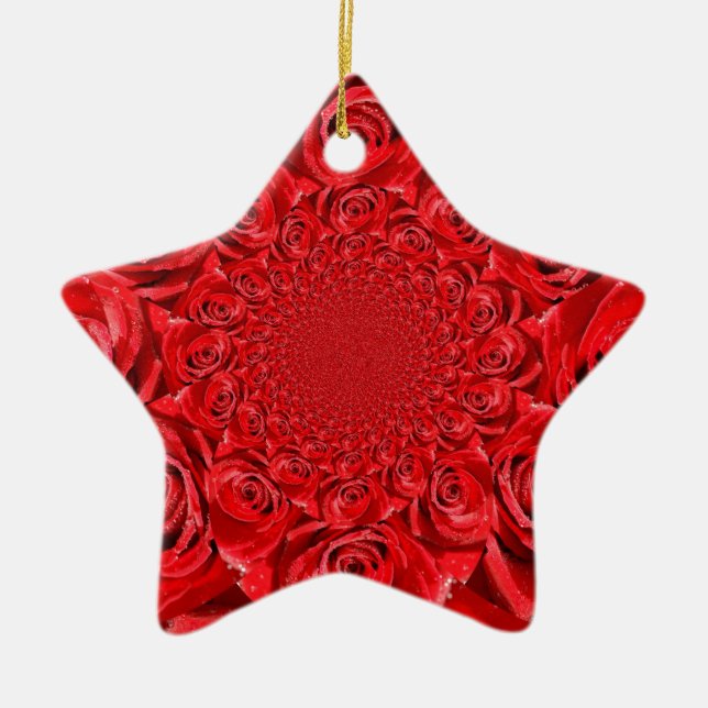 Red Roses Kaleidoscope: Happy Valentine's Day Art  Ceramic Tree Decoration (Front)