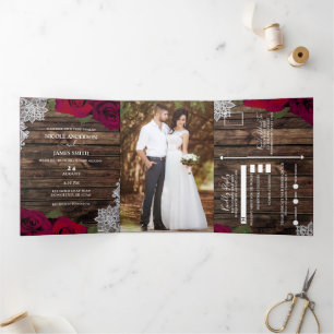 Red Roses & Lace Elegant Rustic Wood Wedding  Tri-Fold Invitation