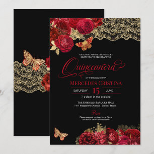Red Roses & Lace Glamourous Butterfly Quinceañera  Invitation