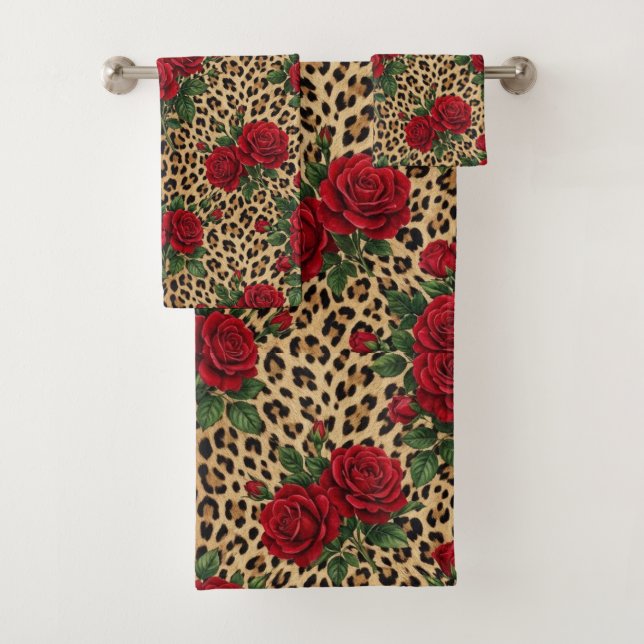 Red Roses Leopard print Pattern  Bath Towel Set (Insitu)