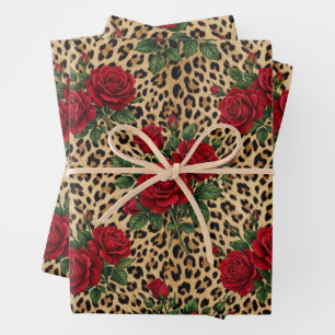 Red Roses Leopard print Pattern Wrapping Paper Sheet