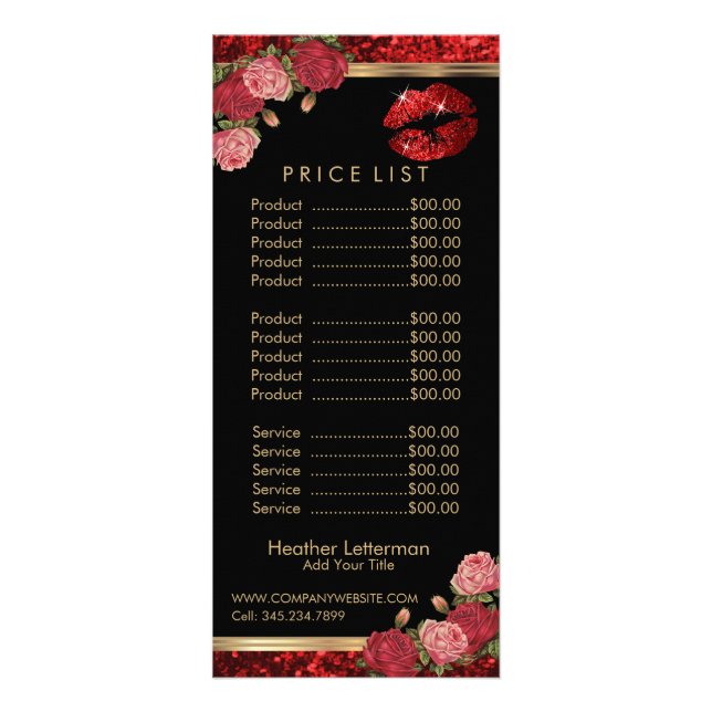 Red Roses Lip Glitter- Black Price List Rack Card (Front)