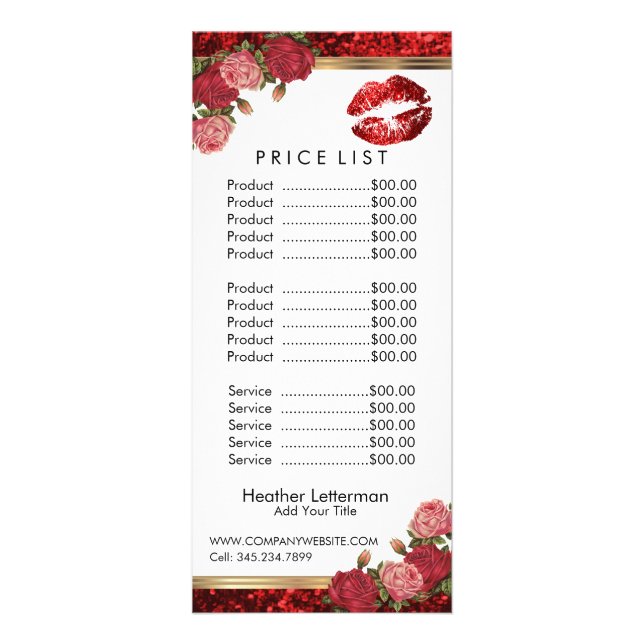 Red Roses Lip Glitter Price List Rack Card (Front)