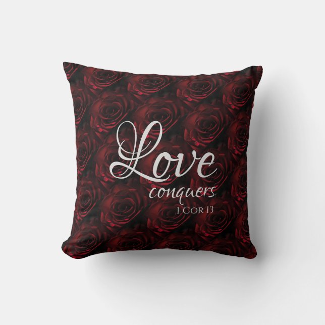 Red Roses LOVE CONQUERS Personalised Scripture Cushion (Front)
