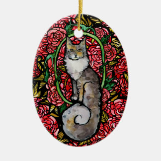 Red Roses Maine Coon Kitty Cat Art Rose Garden Cat Ceramic Tree Decoration