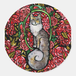 Red Roses Maine Coon Kitty Cat Art Rose Garden Cat Classic Round Sticker