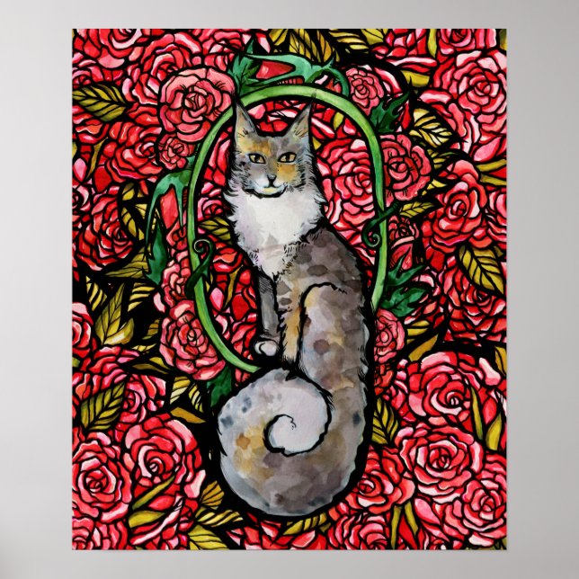 Red Roses Maine Coon Kitty Cat Art Rose Garden Cat Poster (Front)