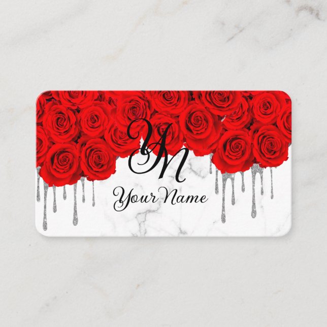 Red Roses Marble Initial Business Card (Front)