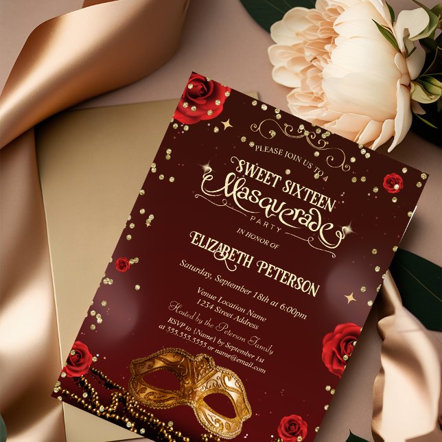 Red Roses Masque Pearls Sweet 16   Invitation (Creator Uploaded)