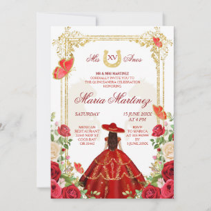 Red Roses Mexican Girl Quinceanera Celebration Invitation