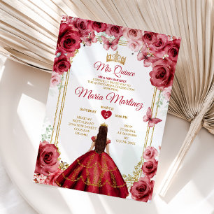 Red Roses Mexican Princess Quiñceanera Floral Invitation