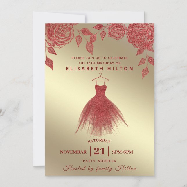 Red roses modern Glitter dress sweet sixteen Invit Invitation (Front)