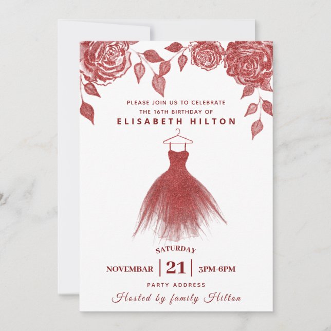 Red roses modern Glitter dress sweet sixteen Invitation (Front)