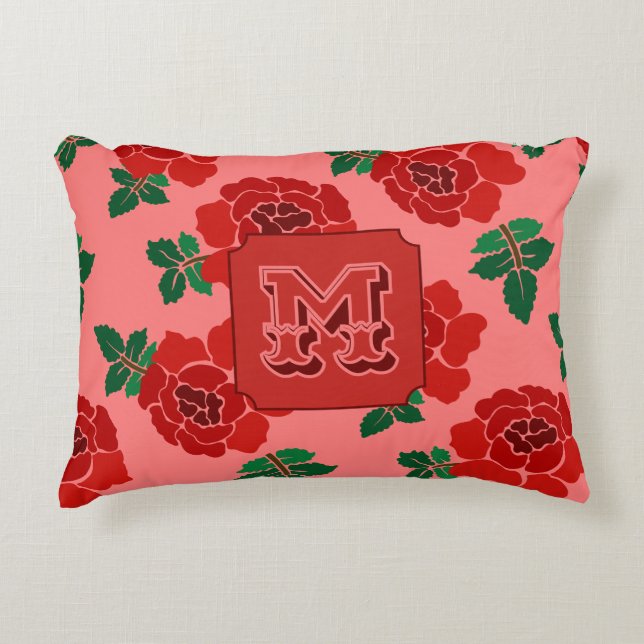 Red Roses Monogram  Decorative Cushion (Front)