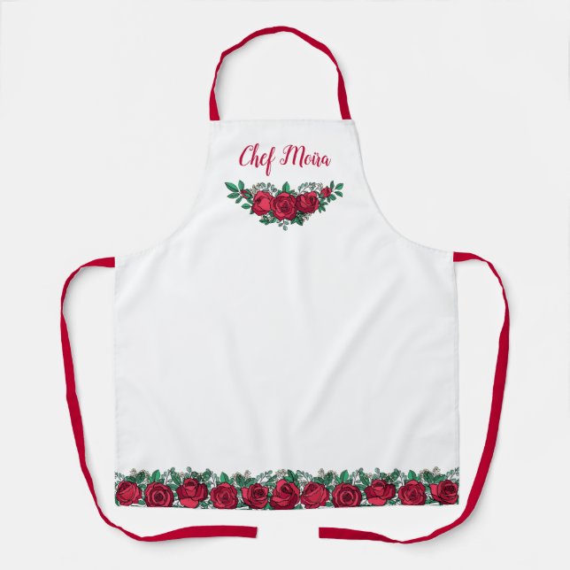 Red Roses & Name In Script Apron (Front)