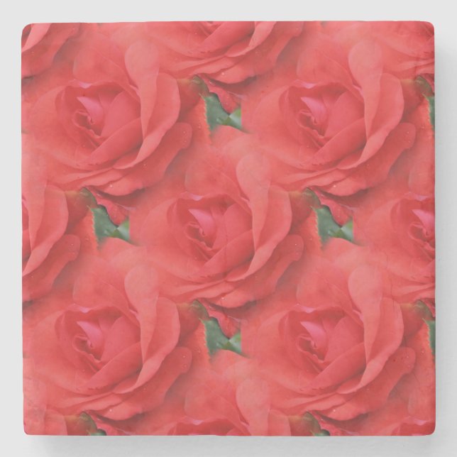 Red Roses Nature Art Pattern Stone Coaster (Front)