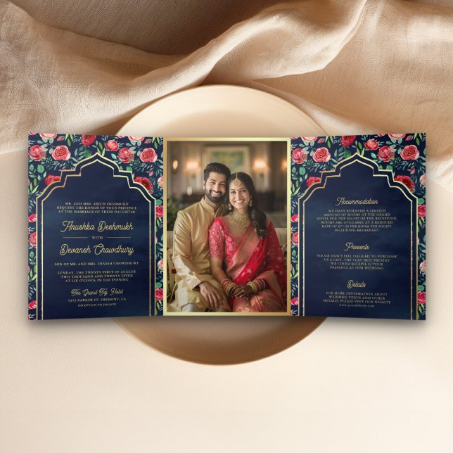 Red Roses Navy Blue Floral Gold Indian Wedding Tri-Fold Invitation (Creator Uploaded)