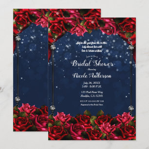 Red Roses Navy Blue Gold Enchanted Bridal Shower   Invitation