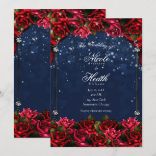 Red Roses Navy Blue Gold Enchanted Floral Wedding  Invitation