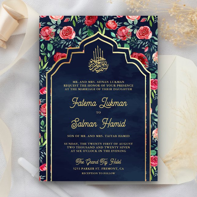 Red Roses Navy Blue Gold Floral Muslim Wedding Invitation (Creator Uploaded)