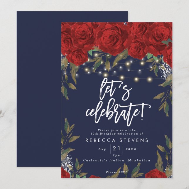 red roses navy let's celebrate birthday invitation (Front/Back)
