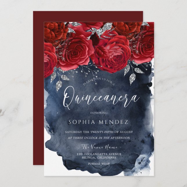 Red Roses Navy Watercolor Splash Quinceanera Party Invitation (Front/Back)