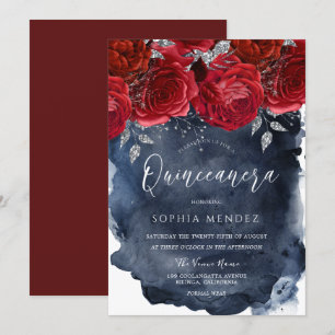 Red Roses Navy Watercolor Splash Quinceanera Party Invitation
