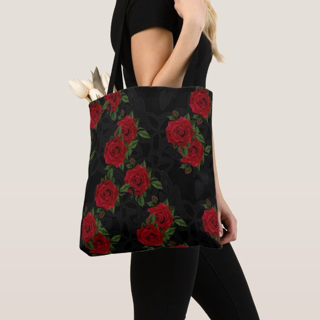 Red roses on a black background tote bag (Close Up)