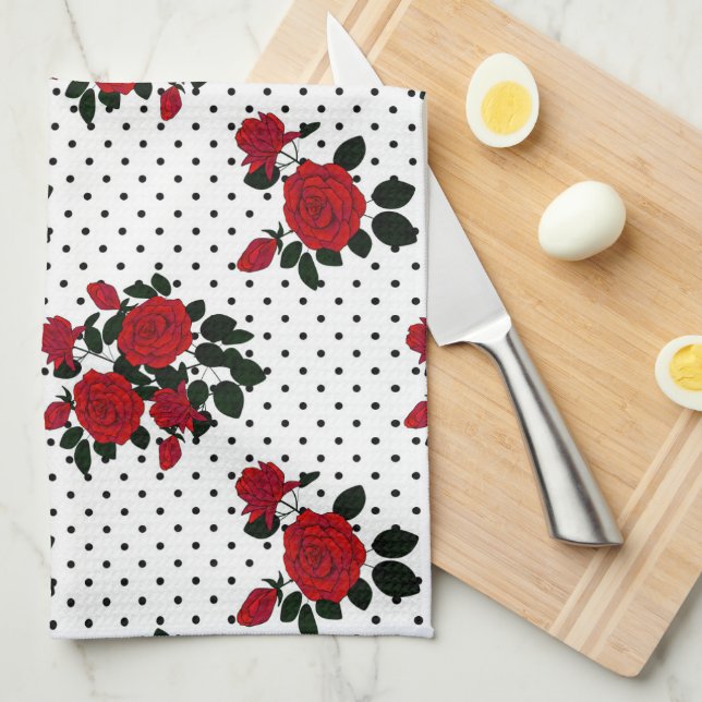 Red roses on a polka dot background.  tea towel (Quarter Fold)