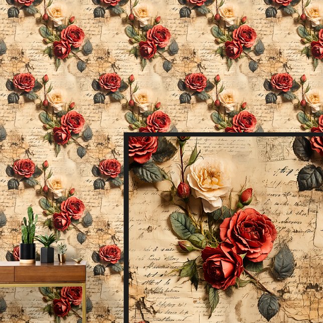 Red Roses on Antique Paper Book Parchment Wallpaper (Creator Uploaded)