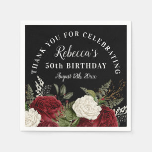 Red Roses on Black 50th Birthday Thank You Napkin