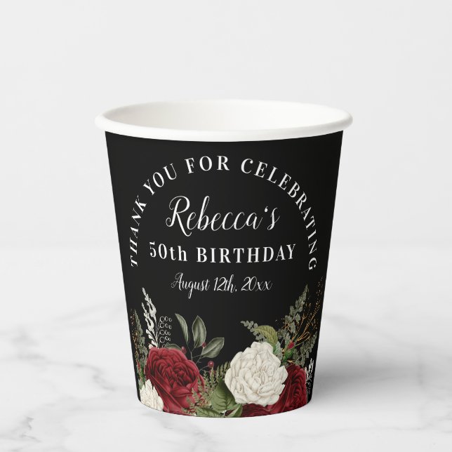 Red Roses on Black 50th Birthday Thank You Paper Cups (Front)